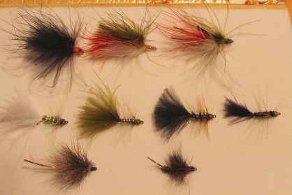 Wooly Buggers du N°1 au N° 9. N° 1; 2; 3; 8; 9 non lestés et N° 4 à 7 lestés bille tungstène 3,5gr et fil plomb.